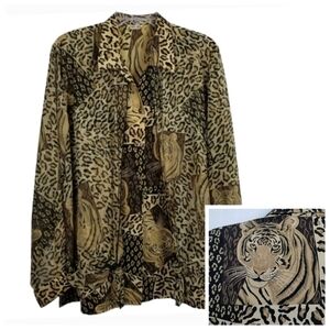 Won Moa Tiger Animal Print Button Down Blouse Sheer Sleeve Overlay Patchwork 2X
